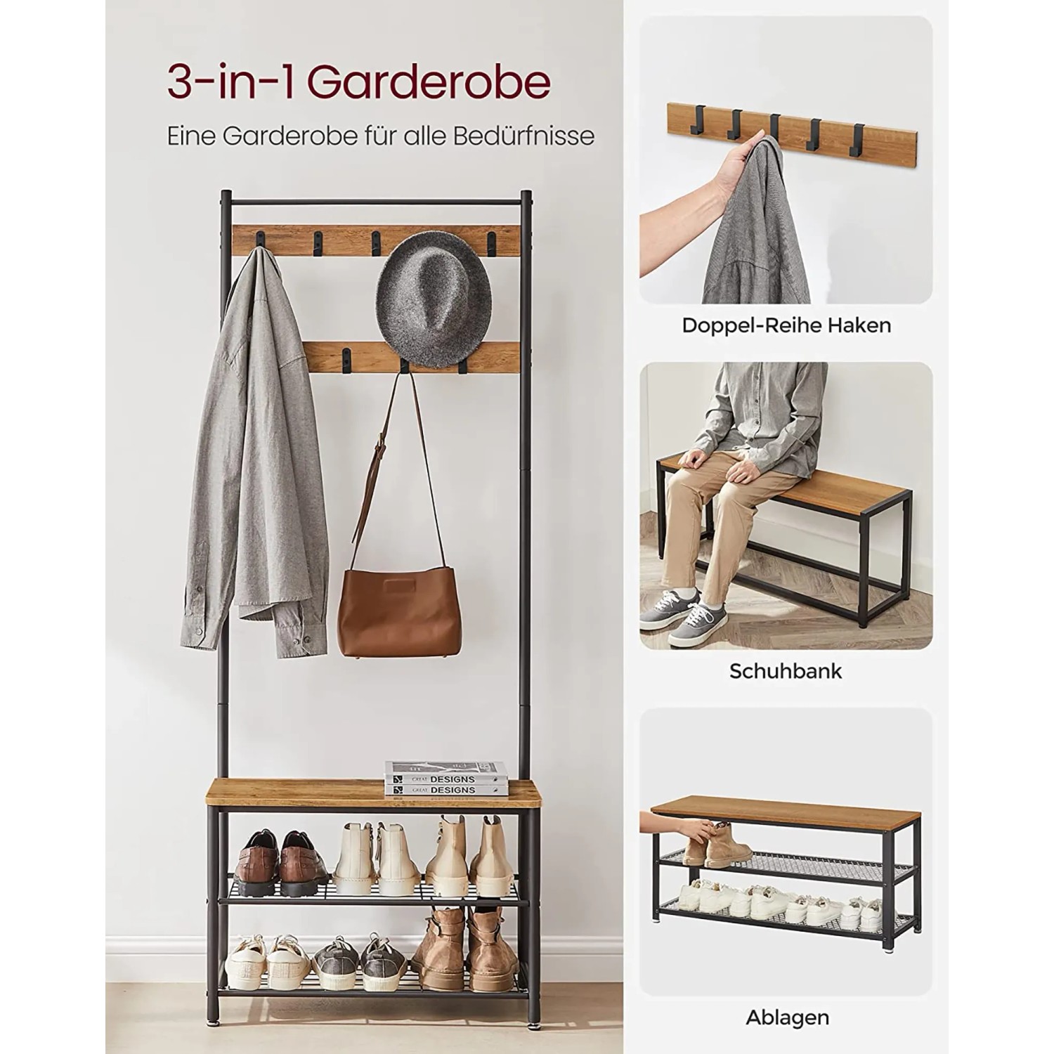 Vasagle Garderobenständer in Braun-Schwarz mit Haken, Sitzbank und Schuhregal.