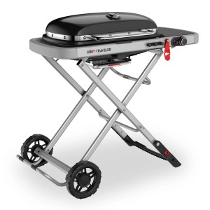 Weber Camping-Gasgrill Traveler, schwarz, mit Rollwagen und einem Brenner. Ideal für unterwegs.