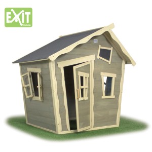 EXIT Crooky 100 Holzspielhaus in Graubeige mit schiefem Design, Tür und Fenster.