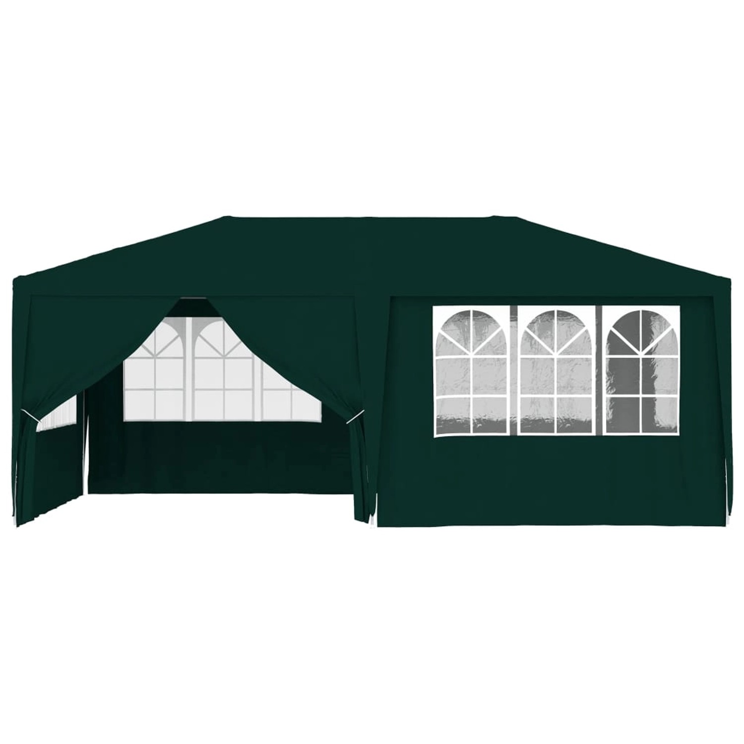 Grünes Profi-Partyzelt 4x6 m mit Seitenwänden und Fenstern für Gartenpartys.