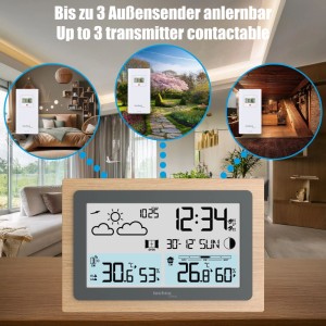 Braune technoline Wetterstation WS 6785 mit Digitalanzeige für Temperatur, Luftfeuchtigkeit, Uhrzeit. Zeigt Erweiterung mit Außensensoren.