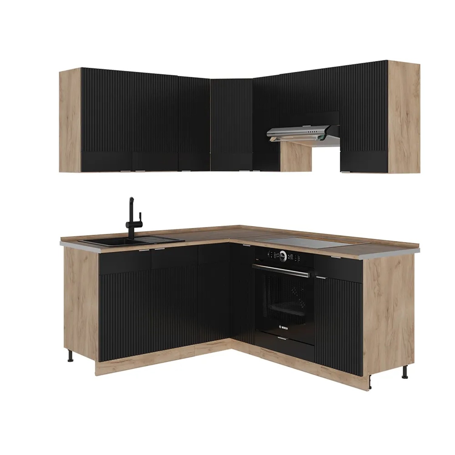 Vicco Fame-Line Eckküche Schwarz gestreift/Goldkraft Eiche 160 x 190 cm AP Eiche ohne E-Geräte