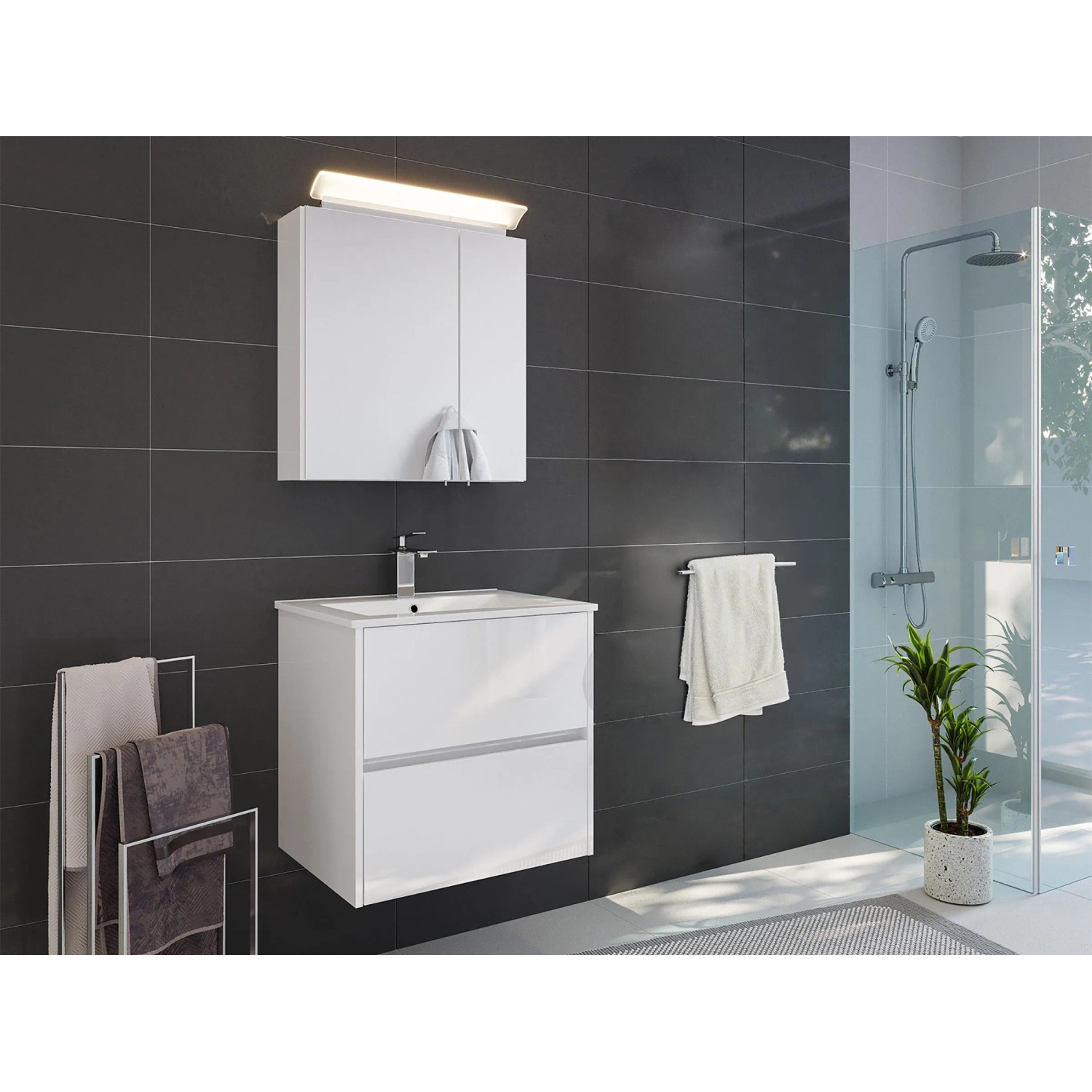 Posseik Badmöbelset Limes 60 cm Weiß Hochglanz LED Spiegelschrank