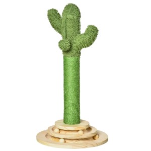 Grüner Kratzbaum in Kaktusform mit Sisalstamm und Kiefernholz-Spielbasis mit Holzkugeln für Katzen.