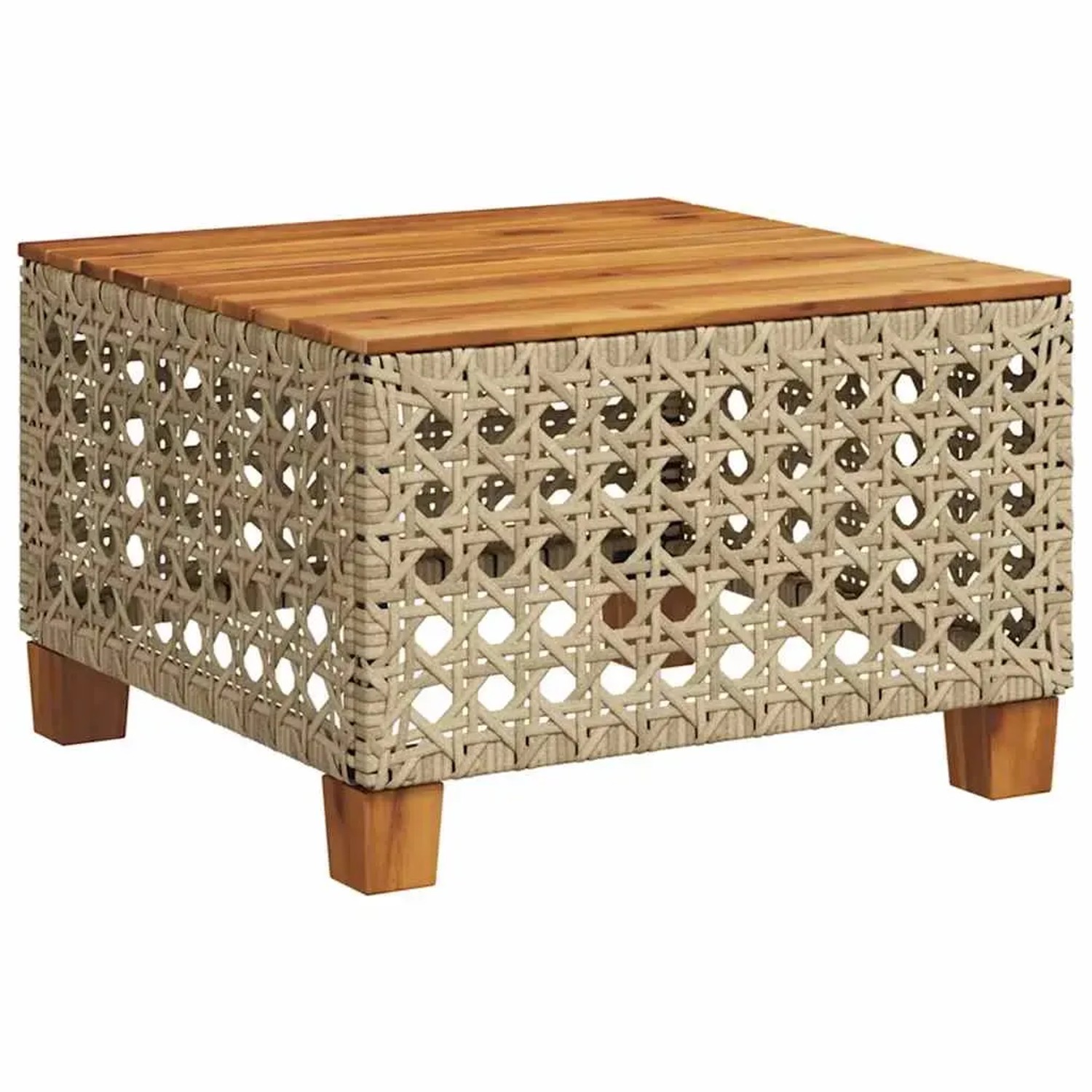 Beiger vidaXL Gartentisch aus Rattan mit Akazienholzplatte, Teil der Garten-Sofagarnitur.