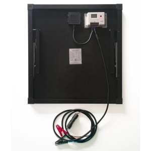 Rückseite des Technaxx Solar-Ladesets TX-214 (50 W) mit Kabeln und Laderegler für Camping & Zubehör.