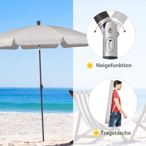 Sekey Balkonschirm 200 cm mit Neigefunktion und Tragetasche am Strand.