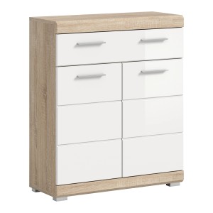 Standschrank Lambada, 2-türig mit Schublade, Eiche Hell/Weiß Hochglanz, 88x74 cm. Bad-Standregal.