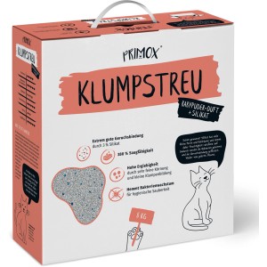 Primox Katzenstreu klumpend mit Babypuderduft, 8kg Packung. Klumpstreu mit Silikat für gute Geruchsbindung.