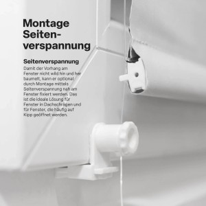 Detailaufnahme: Bestlivings Thermorollo mit Seitenverspannung am Fensterrahmen.