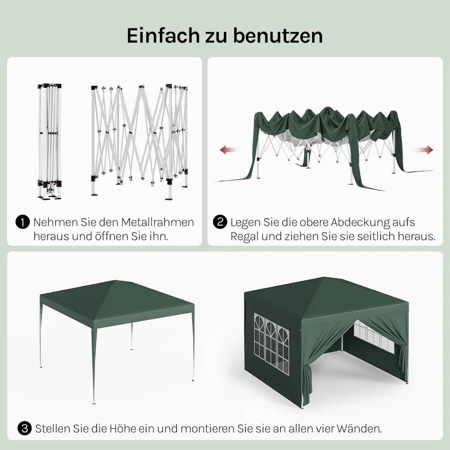 Aufbauanleitung: Grüner WOLTU Pop-Up Pavillon 3x3m, wasserdichtes Pagodenzelt für Garten & Camping.