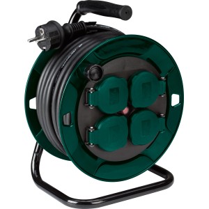 Schwarze Kabeltrommel H07RN-F 3G1,5 mit 10 m Kabel und 4 Steckdosen für den Außenbereich.