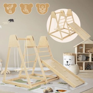 Joyz 3in1 Klettergerüst aus Holz mit Rutsche und Schaukel für Kinder.