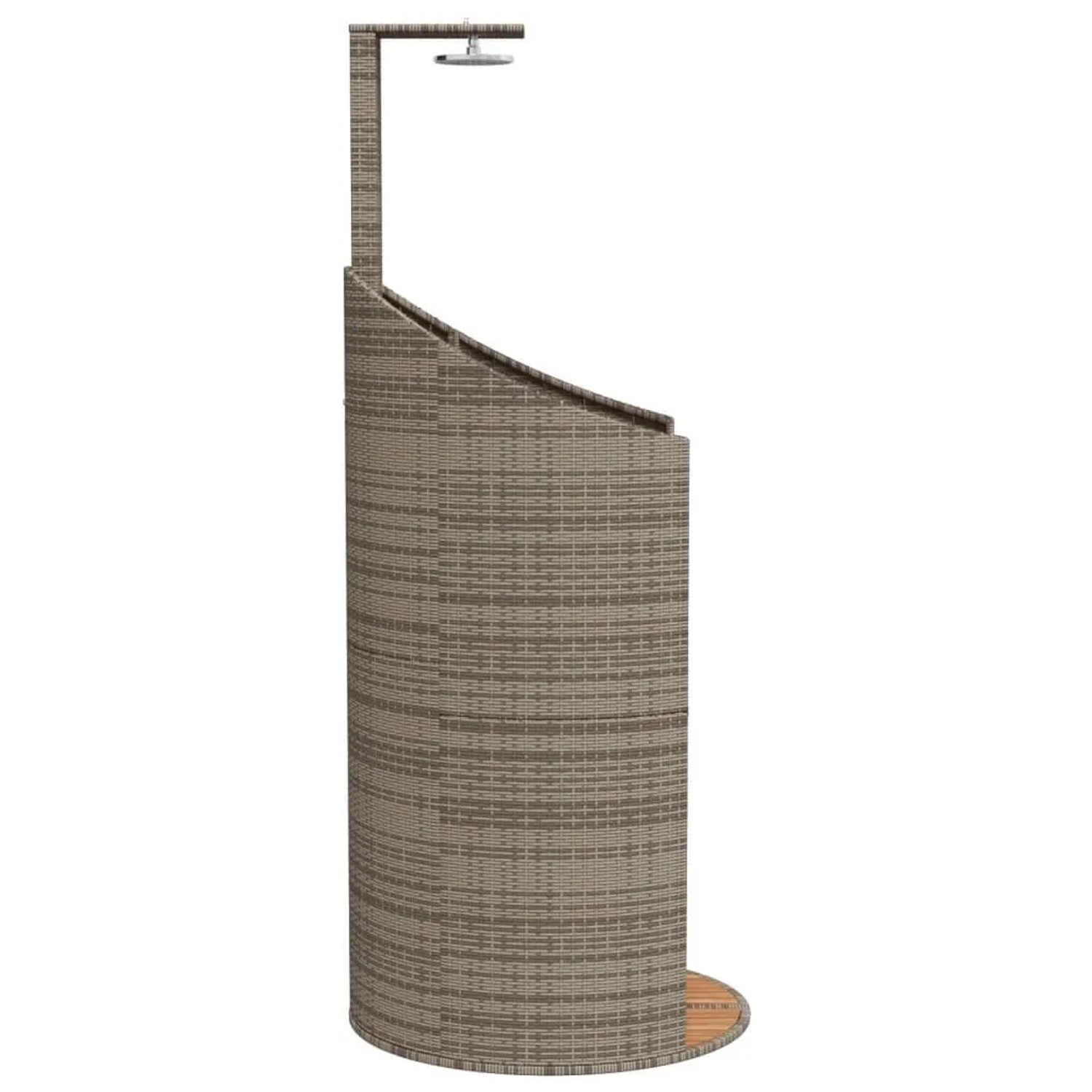 Graue vidaXL Gartendusche aus Poly Rattan und Akazienholz mit Duschkopf.