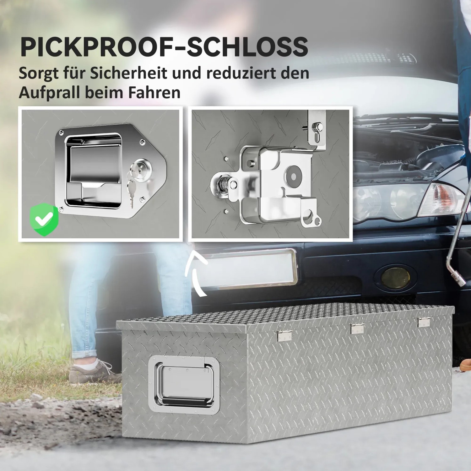 HOMCOM Gerätekasten aus Aluminium, silberfarben, mit Details zum Schloss.