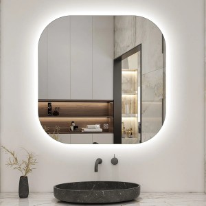Quadratischer Badspiegel 60 cm mit LED-Beleuchtung, drei Lichtfarben und Touch-Funktion.