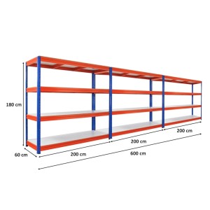 PROREGAL Mega Deal 3x Schwerlastregal Dino HxBxT 180x200x60cm 4 Melamin-Ebenen 16mm Fachlast 500kg Blau/Orange