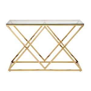Vente-unique Konsolentisch Charlotte mit transparenter Glasplatte und goldfarbenem, geometrischem Edelstahlgestell.