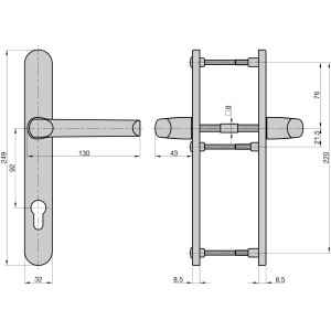 Technische Zeichnung: Basi Schmalrahmen-Garnitur SR 4100 PZ, Alu silber lackiert, Maße und Details.