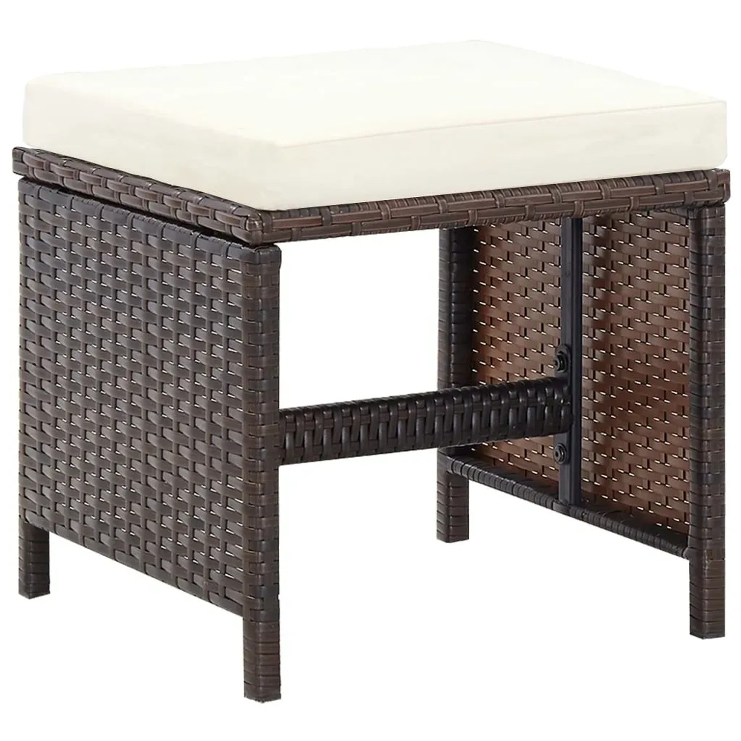 Brauner Rattan-Hocker mit cremefarbenem Kissen, Teil der vidaXL Garten-Essgruppe.
