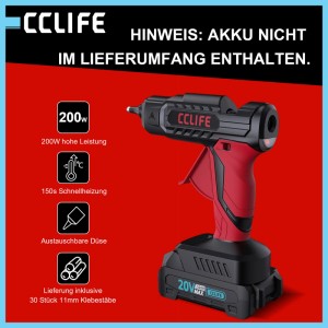 CCLIFE kabellose Heißklebepistole, schwarz-rot, 150s Aufheizzeit, austauschbare Düse, inkl. 30 Klebestifte für DIY.