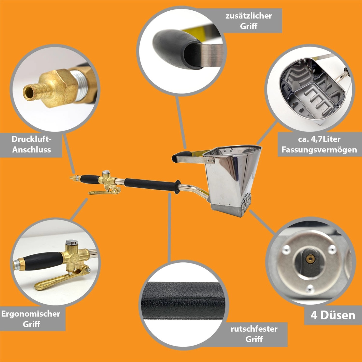 eyepower Druckluft Putzwerfer/Putzpistole, silberfarben, mit 4 Düsen und ergonomischem Griff für Baumaschinen.