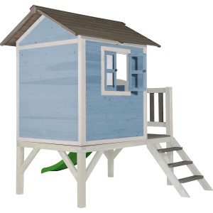Blau-weißes Sunny Spielhaus Lodge XL mit Rutsche und Treppe.