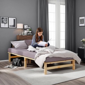 Homestyle4u Jugendbett 100x200 cm aus Holz, naturfarben, mit Mädchen lesend im Zimmer.