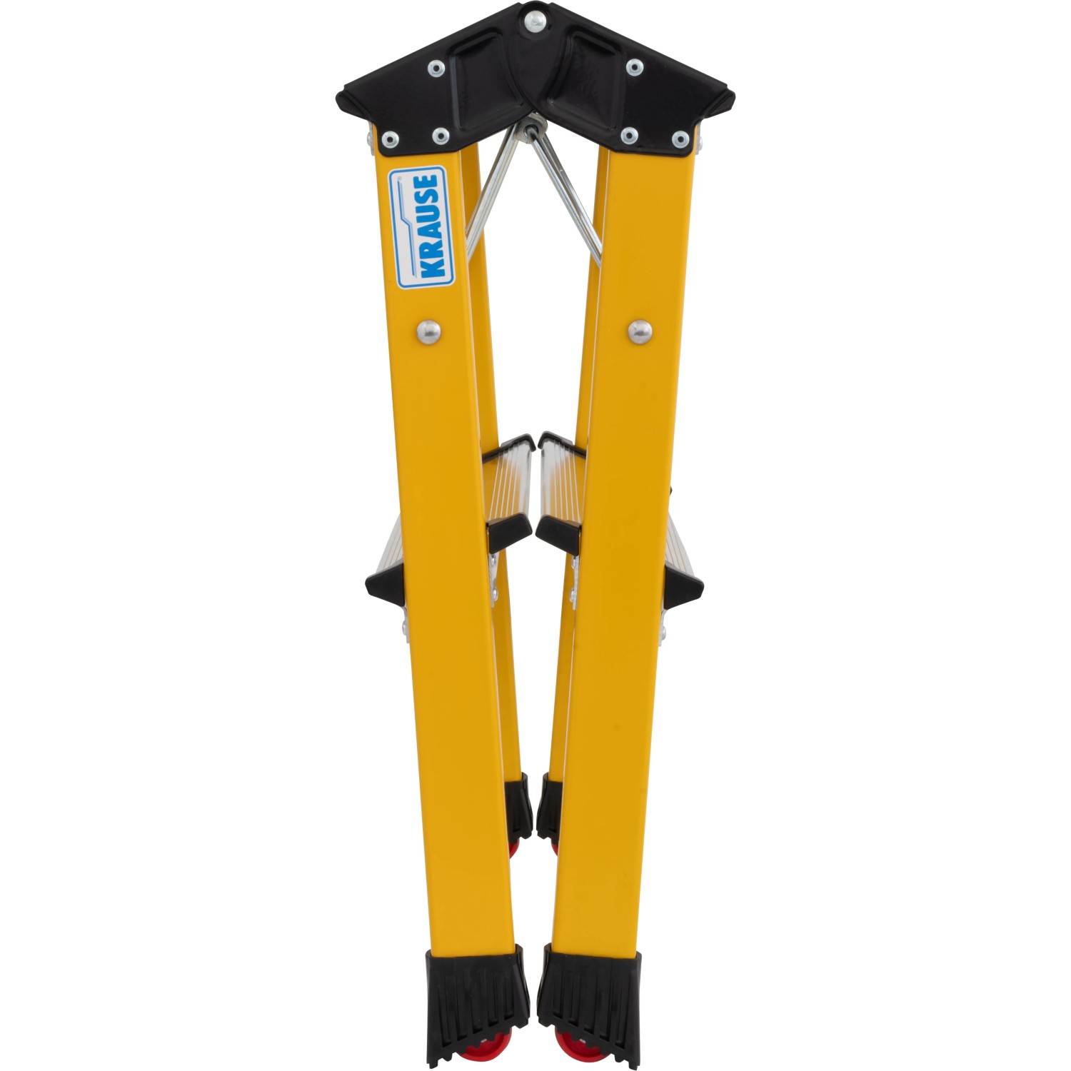 Zusammengeklappter, gelber Krause Klapptritt Rolly mit 2x2 Stufen und Rollen.