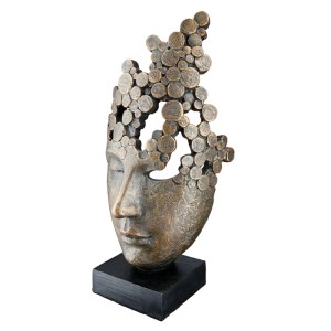 Bronzefarbene Gilde Skulptur Female Mask mit Antikfinish, stilisierte Kreise, auf schwarzem Sockel. Dekorative Figur.