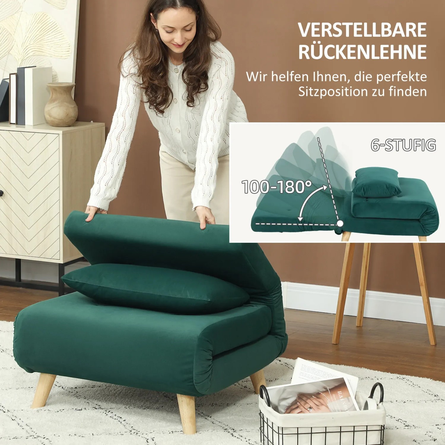 HOMCOM 3-in-1 Schlafsessel/Schlafsofa in Grün mit verstellbarer Rückenlehne und Kissen.