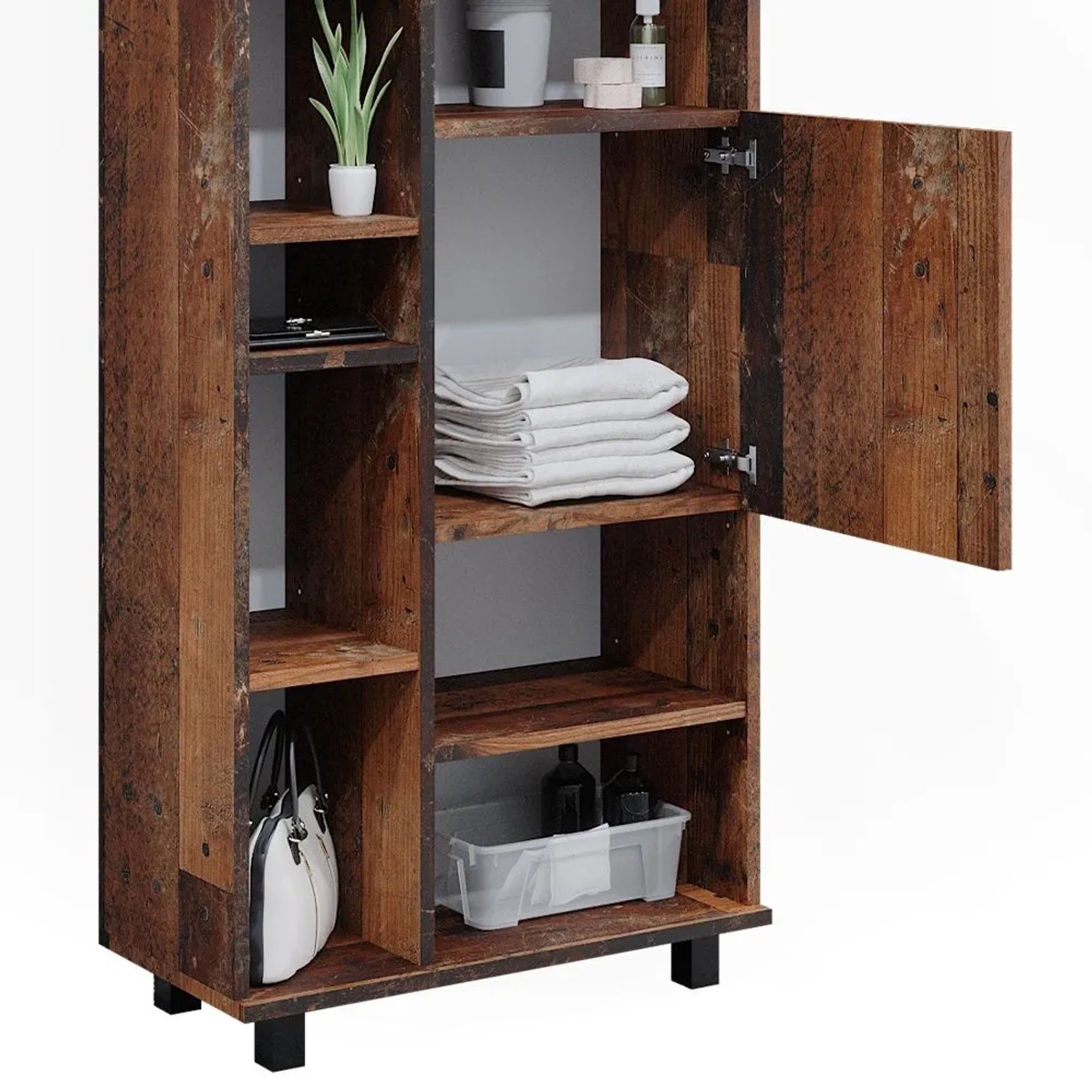 Vicco Badschrank Ilias Eiche Rustikal, 60x190cm, mit offenen Fächern und Tür. Badregal mit Stauraum.