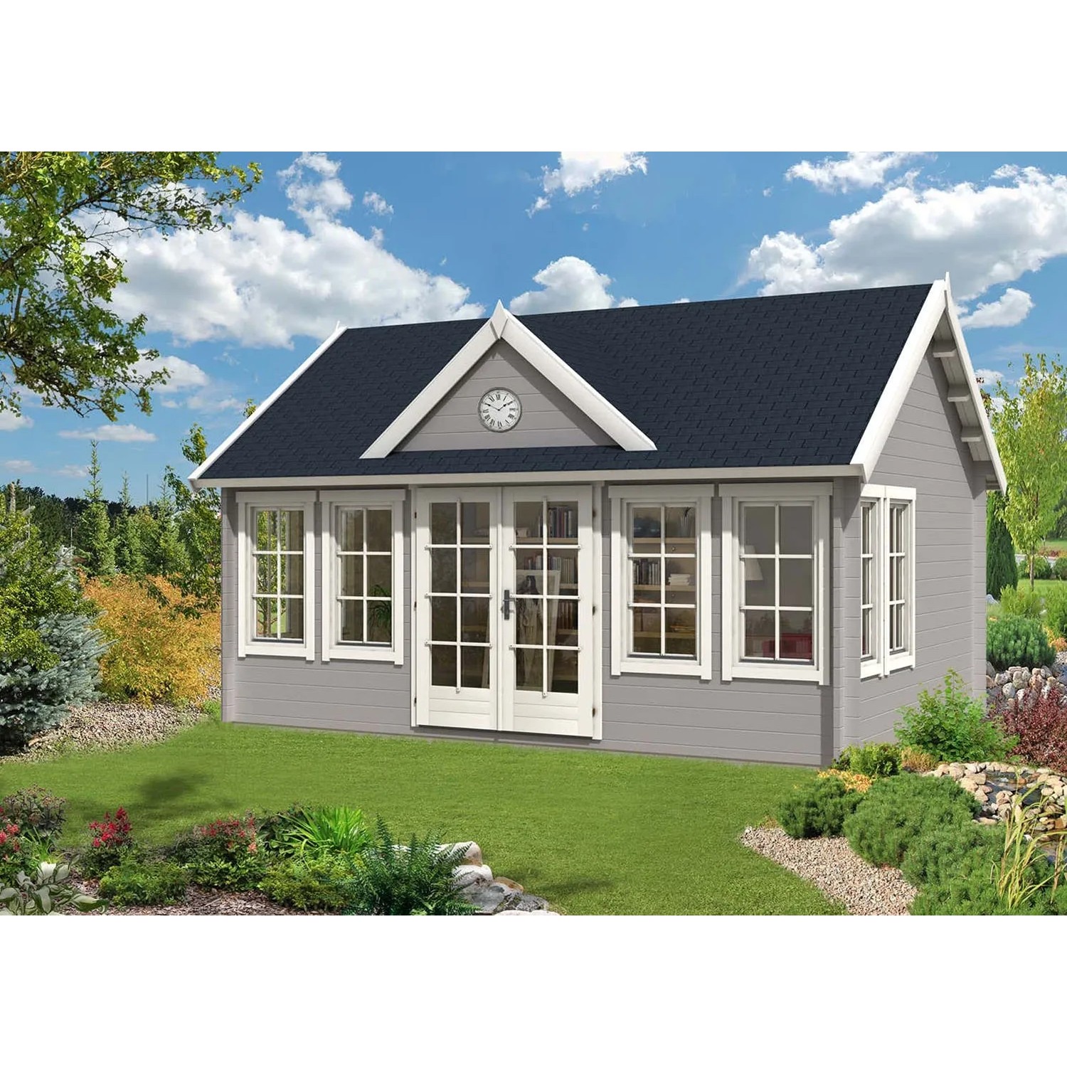 Graues Alpholz Gartenhaus Clockhouse-XL mit Satteldach und Doppeltür im Garten.