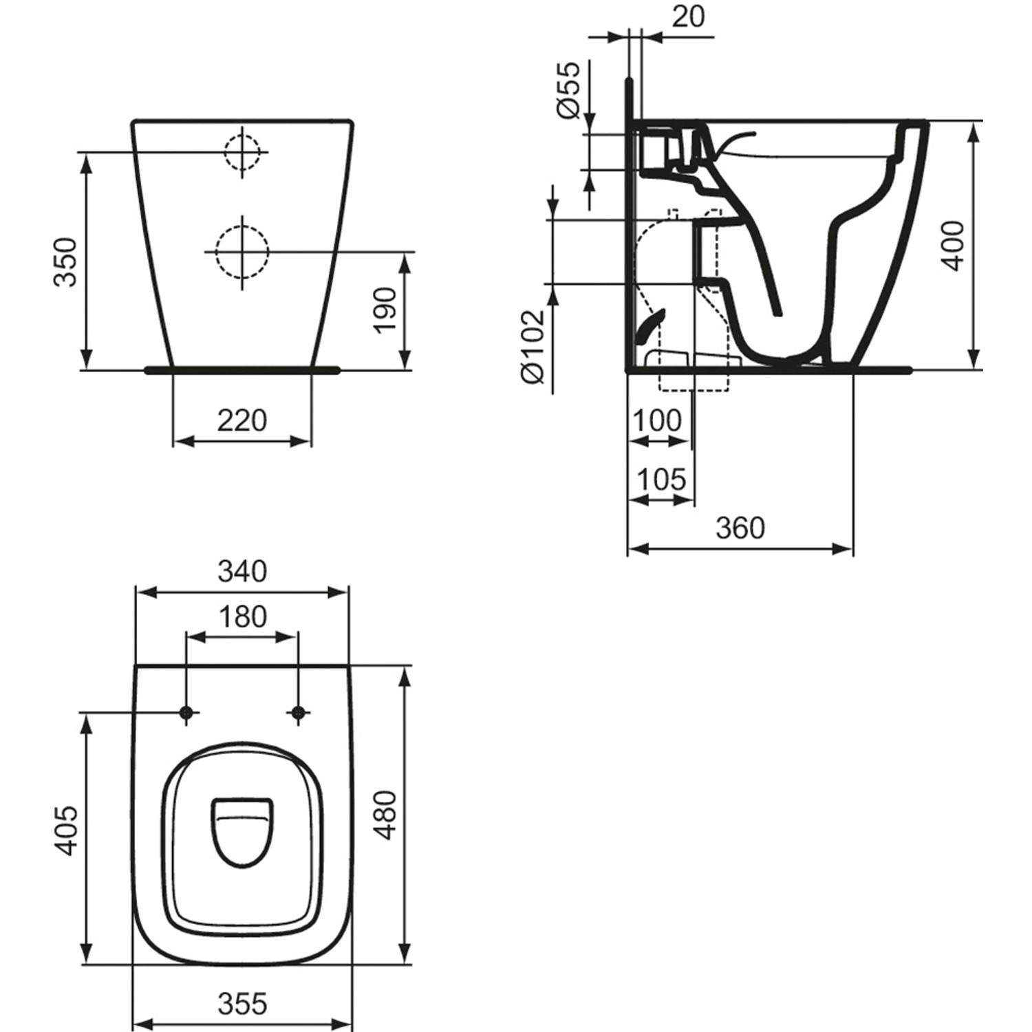 Technische Zeichnung: Ideal Standard i.life S Stand-WC, randlos, Tiefspüler, Abmessungen.
