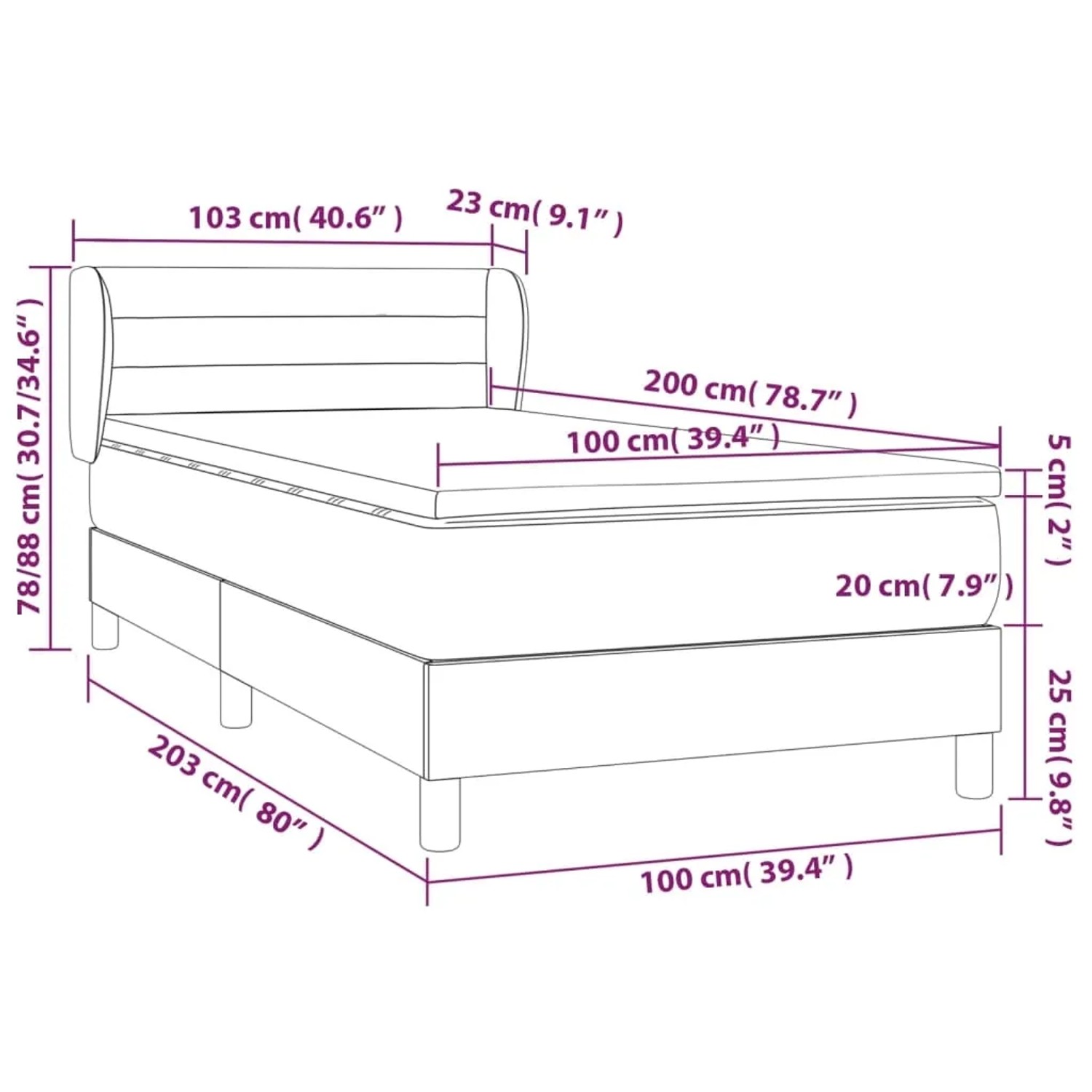 vidaXL Boxspringbett schwarz (100x200 cm) mit Matratze und Kopfteil, Maßeinteilung.