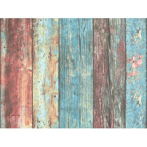 A.S. Création Vliestapete mit Holzbretter-Motiv in Rot, Blau und Braun.