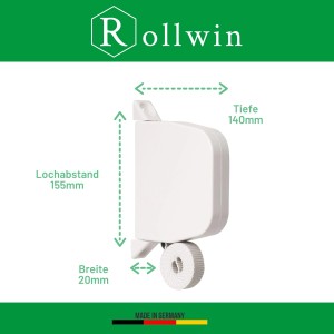 Rollwin Mini Rollladen Gurtwickler Aufputz weiß, 155mm Lochabstand. Seitenansicht mit Maßen und Gurt.