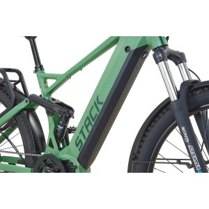 Resedagrün mattes Prophete E-Bike SUV Stack 5.0 Full-Suspension mit Mittelmotor und Federgabel.