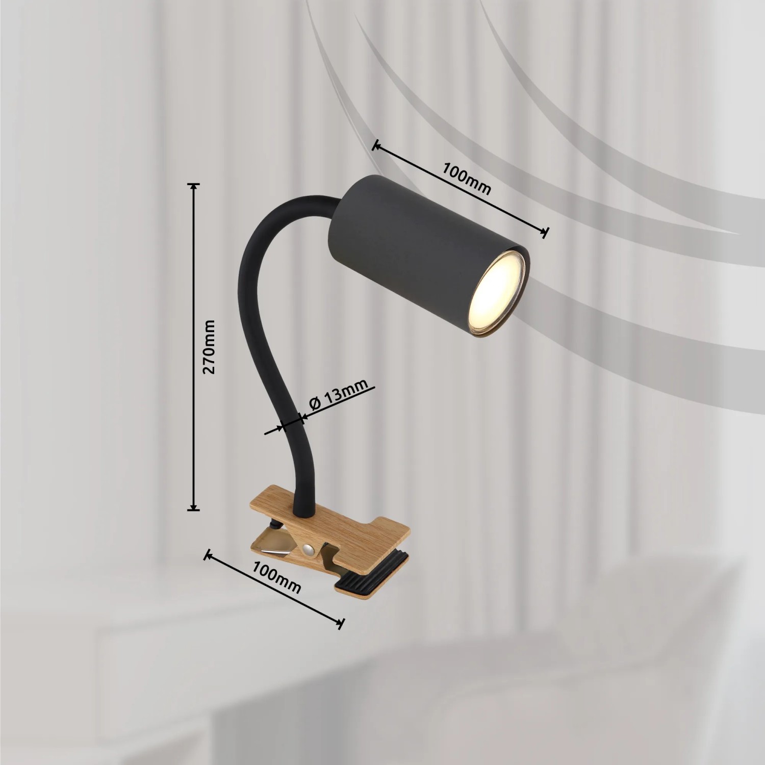 Globo Klemmleuchte Robby, graphit dunkel, mit Flexarm und Holz-Klemme. Praktische Leselampe für flexible Beleuchtung.