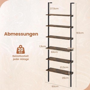 Braunes 6-stöckiges Leiterregal mit Holzoptik und schwarzem Metallrahmen, wandmontiert, 183 cm hoch, für Bücher & Deko.