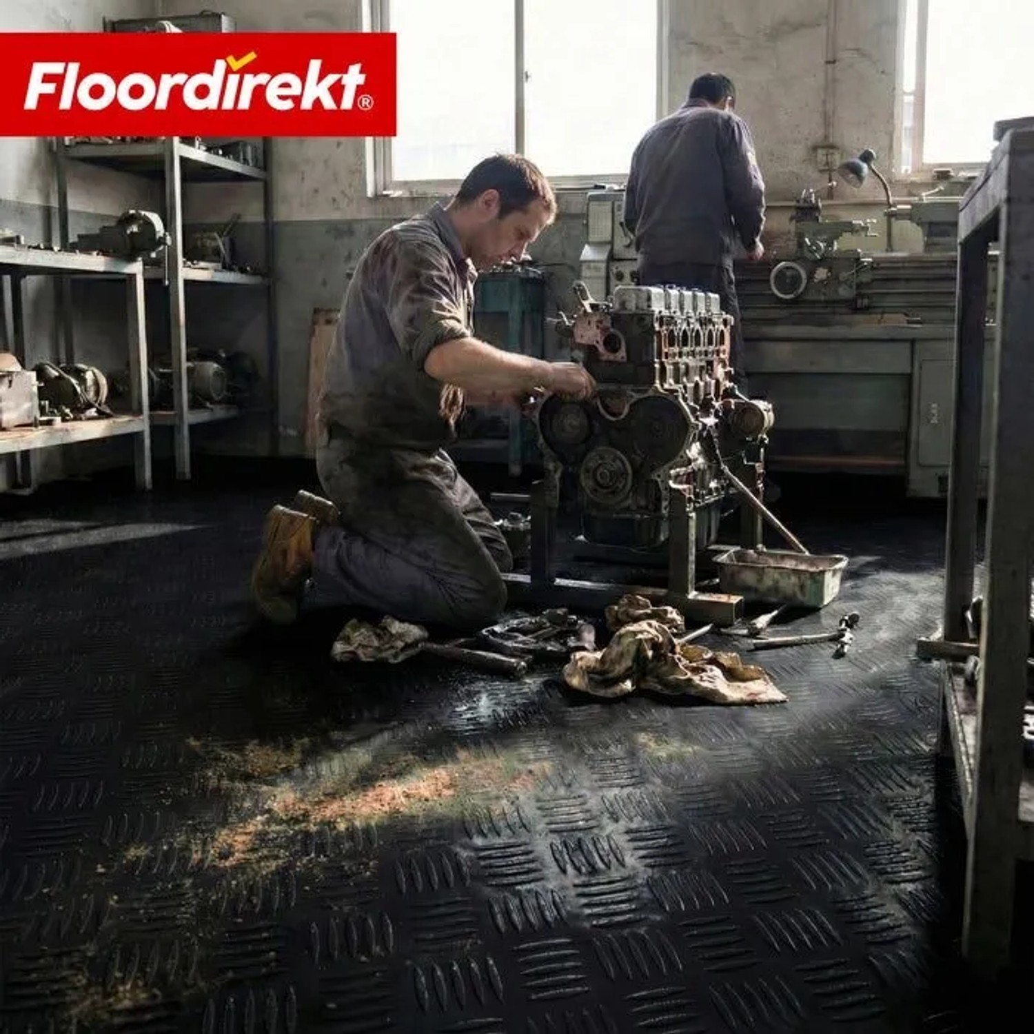 Schwarzer Floordirekt PVC-Bodenbelag Bullet in Riffelblech-Optik in einer Werkstatt. Rutschfester Boden für hohe Beanspruchung.