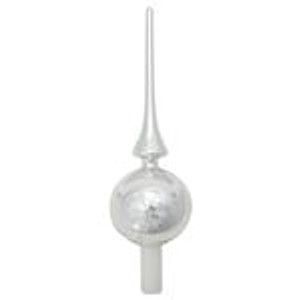 Silberne, glänzende Christbaumspitze aus Glas mit spitz zulaufender Form. Eleganter Baumschmuck.
