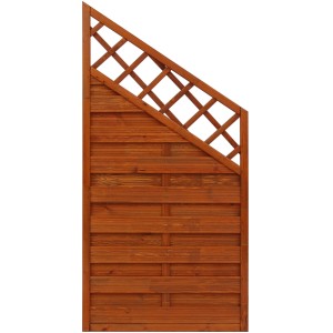 Sichtschutzzaun-Element Country, teakfarben lasiert, 180x120/90 cm, mit Lattenzaun-Abschluss.