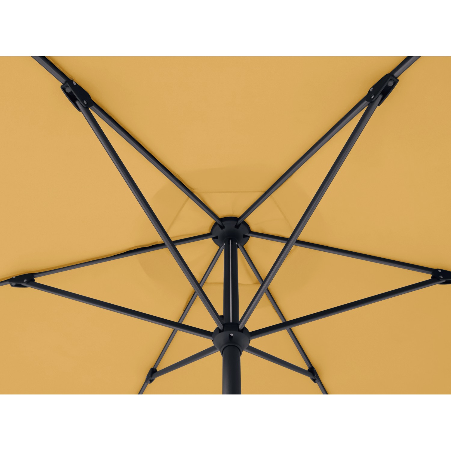 Detailaufnahme: Gelber Marktschirm (Ø 300 cm) mit schwarzem Gestell, Blick von unten.