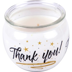 Duftkerze im Glas mit Aufschrift "Thank you!", ideal als Geschenk.