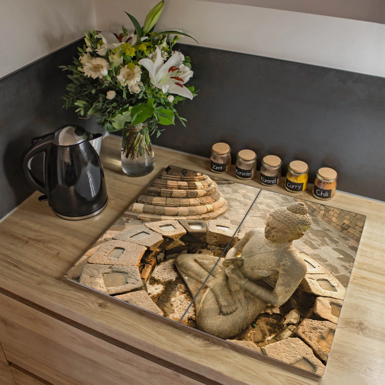 Banjado 2-teilige Herdabdeckplatte Glas mit Buddha-Motiv, auch als Schneidebrett nutzbar.