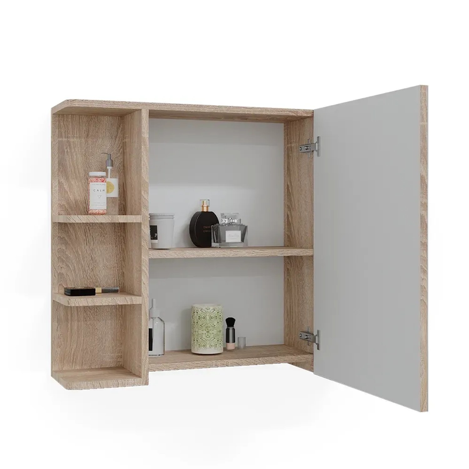 Vicco Badspiegelschrank Fynn Sonoma mit offenen Fächern und Spiegeltür, gefüllt mit Badartikeln.