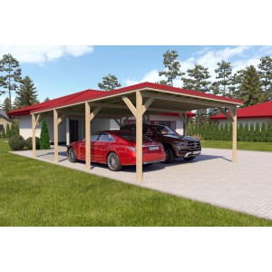 Holzbrüder Doppelcarport Ralf mit rotem Blechdach und zwei geparkten Autos.