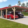 Holzbrüder Doppelcarport Ralf mit rotem Blechdach und zwei geparkten Autos.