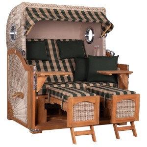GarWoh Strandkorb Rantum Grande aus Teakholz mit PE-Geflecht und grün-beige gestreiftem Dessin.